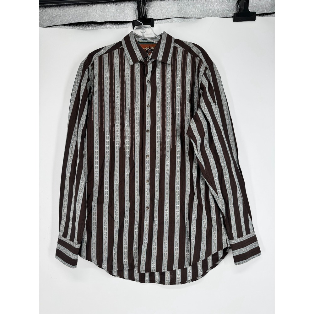 Robert Graham Shirt Medium Grey Brown Striped Button Up Long Sleeve Flip Cuff